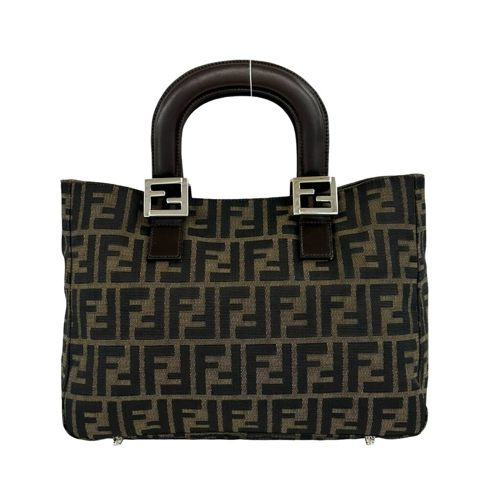 FENDI Zucca FF pattern logo hardware canvas leather book handbag mini tote ba...